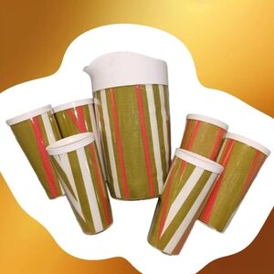 Vintage Pitcher & 6 Tumbler Set Mid Century Mod 1960s Patio Drinkware Avocado